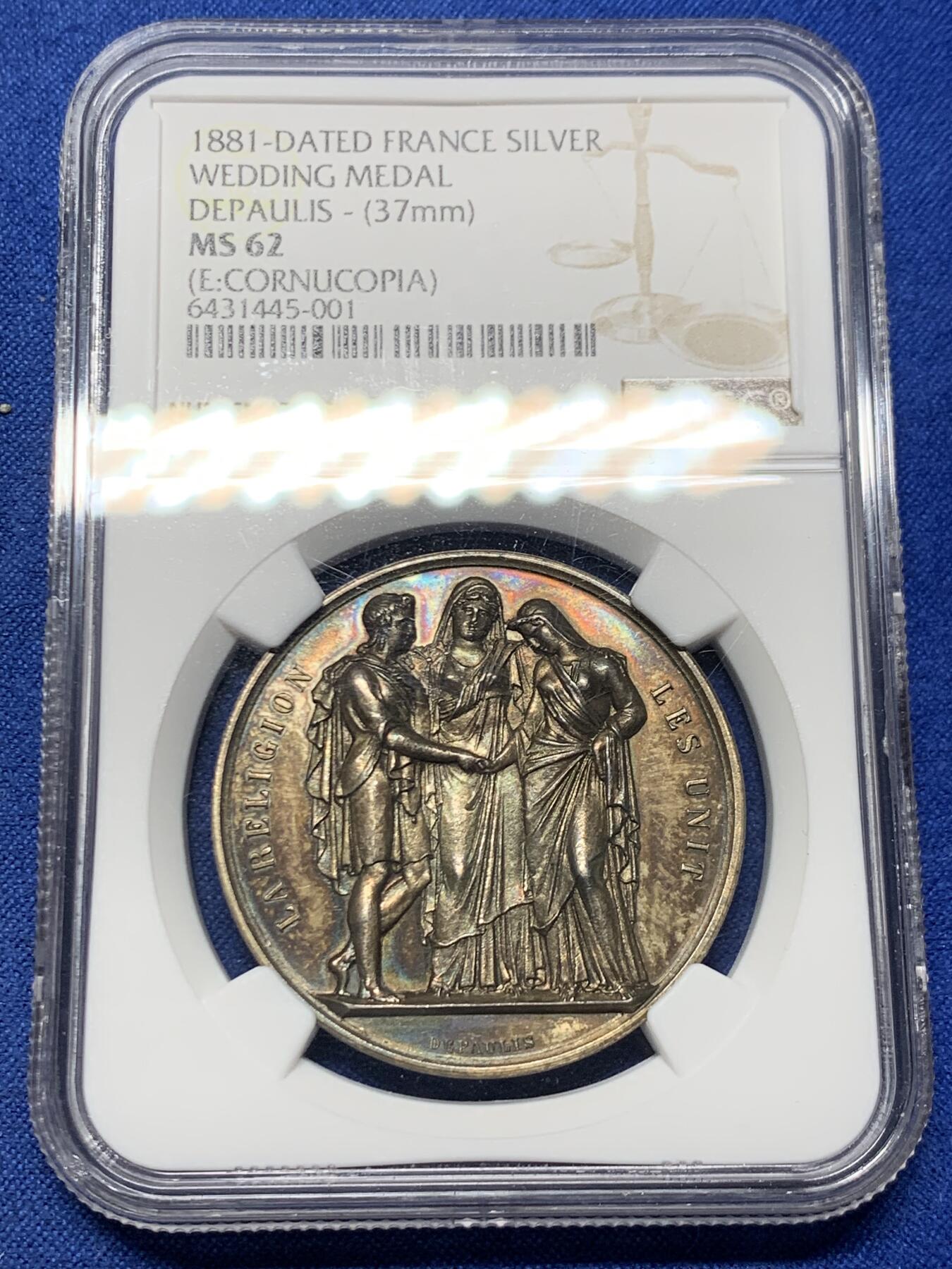 《竞宝斋》第455场 周日，周一 2场连拍 （全场包邮，欢迎送拍） NGC MS62 法国结婚银章 37mm 丰饶角银标