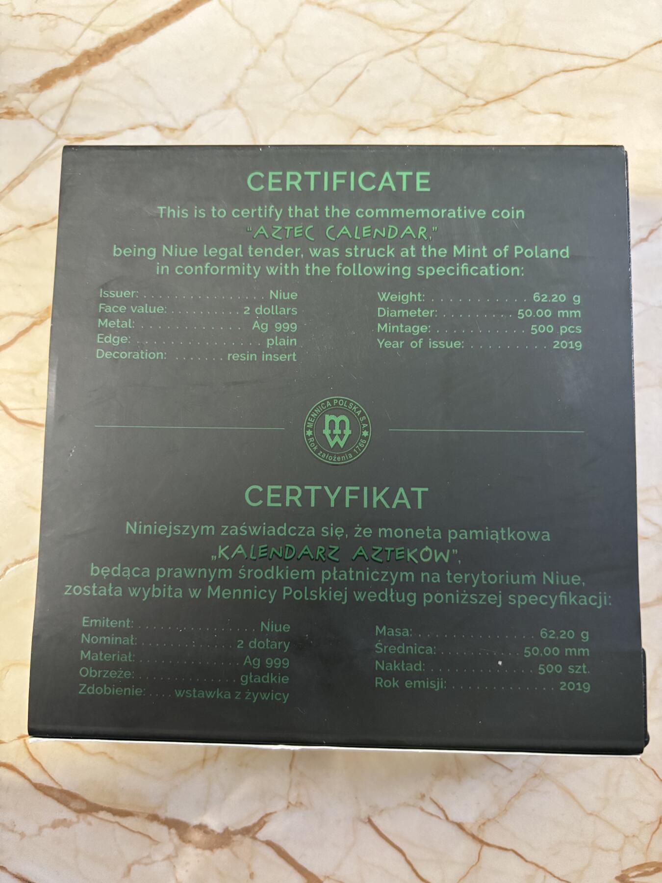 第187期拍卖 纽埃2019年历法系列3阿兹特克历法2盎司纪念银币，999银，发行量500枚