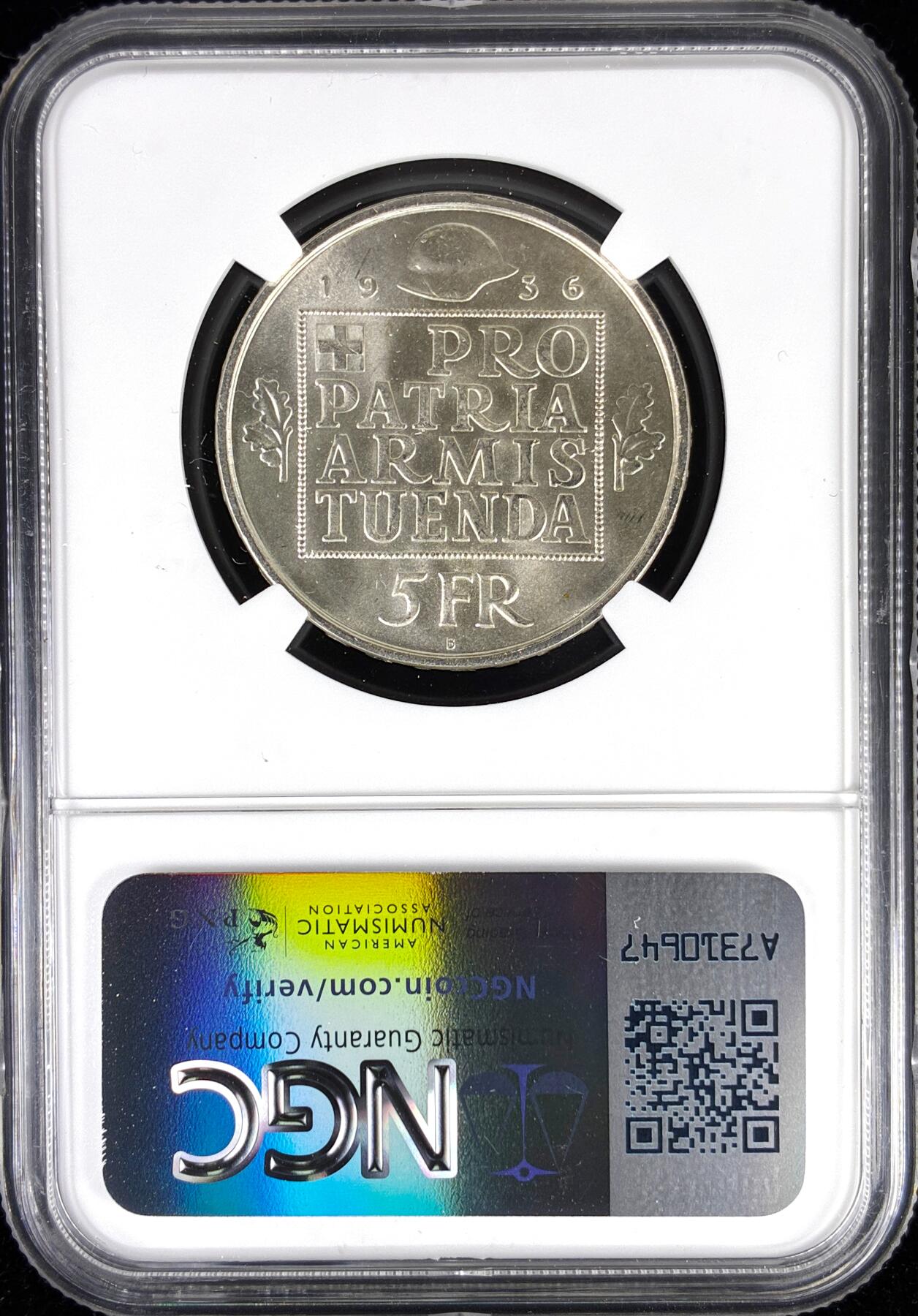 【雨安】【直播拍卖】【第0123期-评级币章】2026-01-10 周六 19:30 [评级欧洲] Switzerland 瑞士 5法郎 1936年 军备基金 KM# 41  NGC-MS65