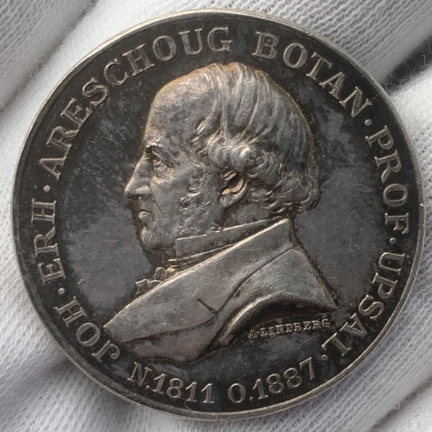 掌中浮雕-藏着的欧洲第048场 1899年瑞典植物学家约翰·埃尔哈德·阿雷苏格银章 ，31 mm, 15 g，A. Lindberg雕刻