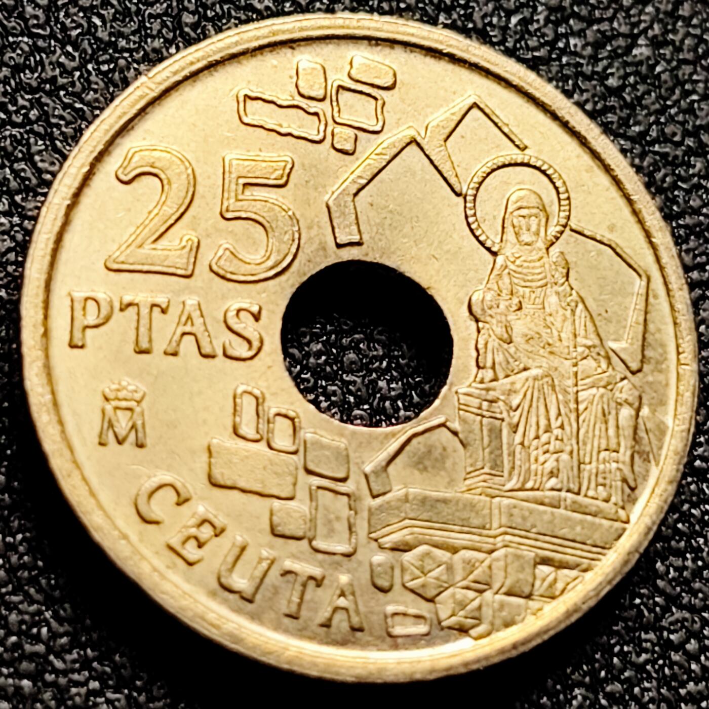 泉币菌-第165场-新年第八场 精品福利场 原铜光美品 休达自治市 1998年 西班牙 25比塞塔黄铜圆孔纪念币  19.5mm