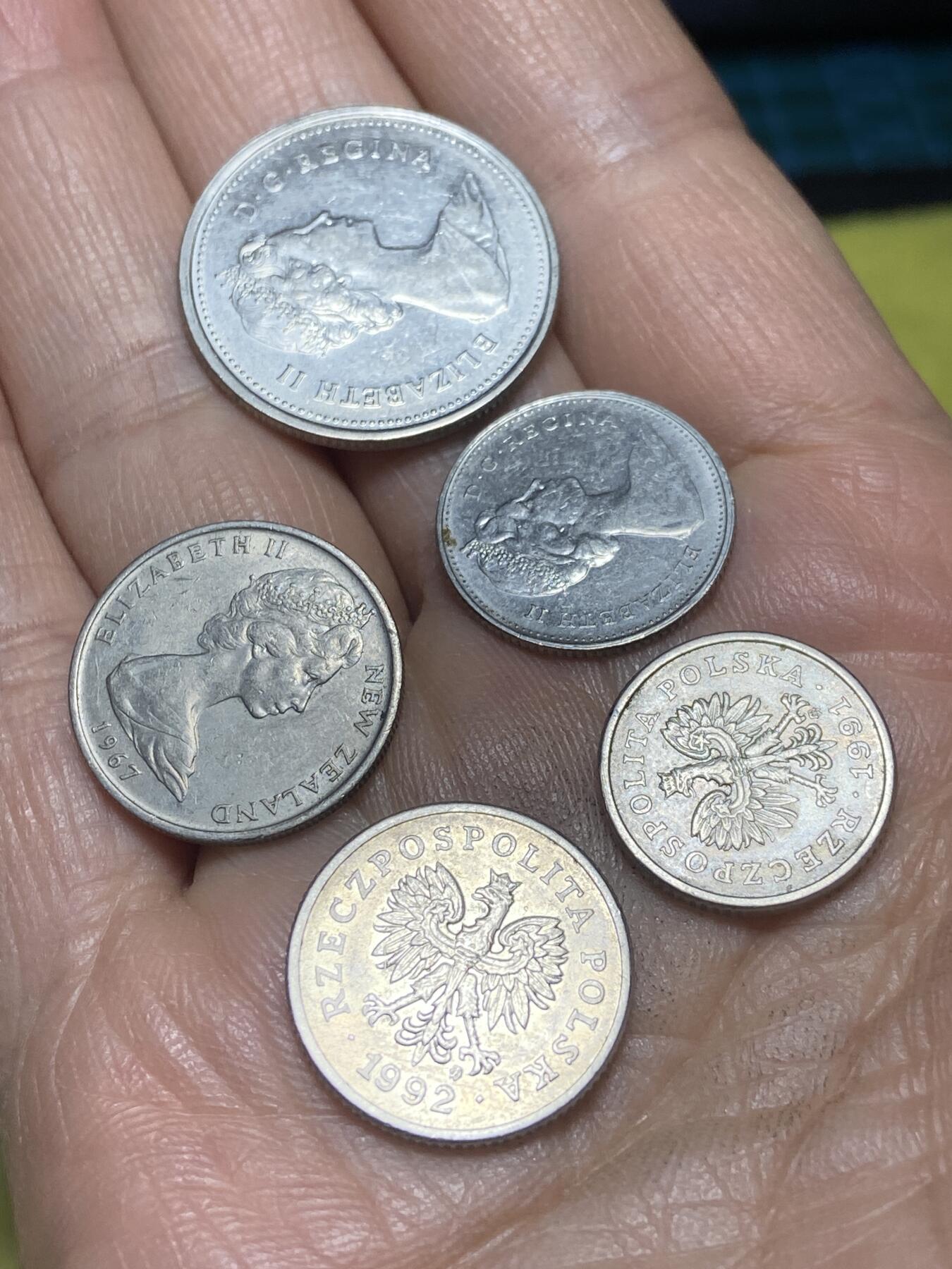 2026年第四场(总第一百七十三场）外国好品散币场(免佣金) 5枚：加拿大🇨🇦2981年25分，1975年10分，新西兰🇳🇿1967年5，波兰🇵🇱1991年10格罗希，1992年20格罗希