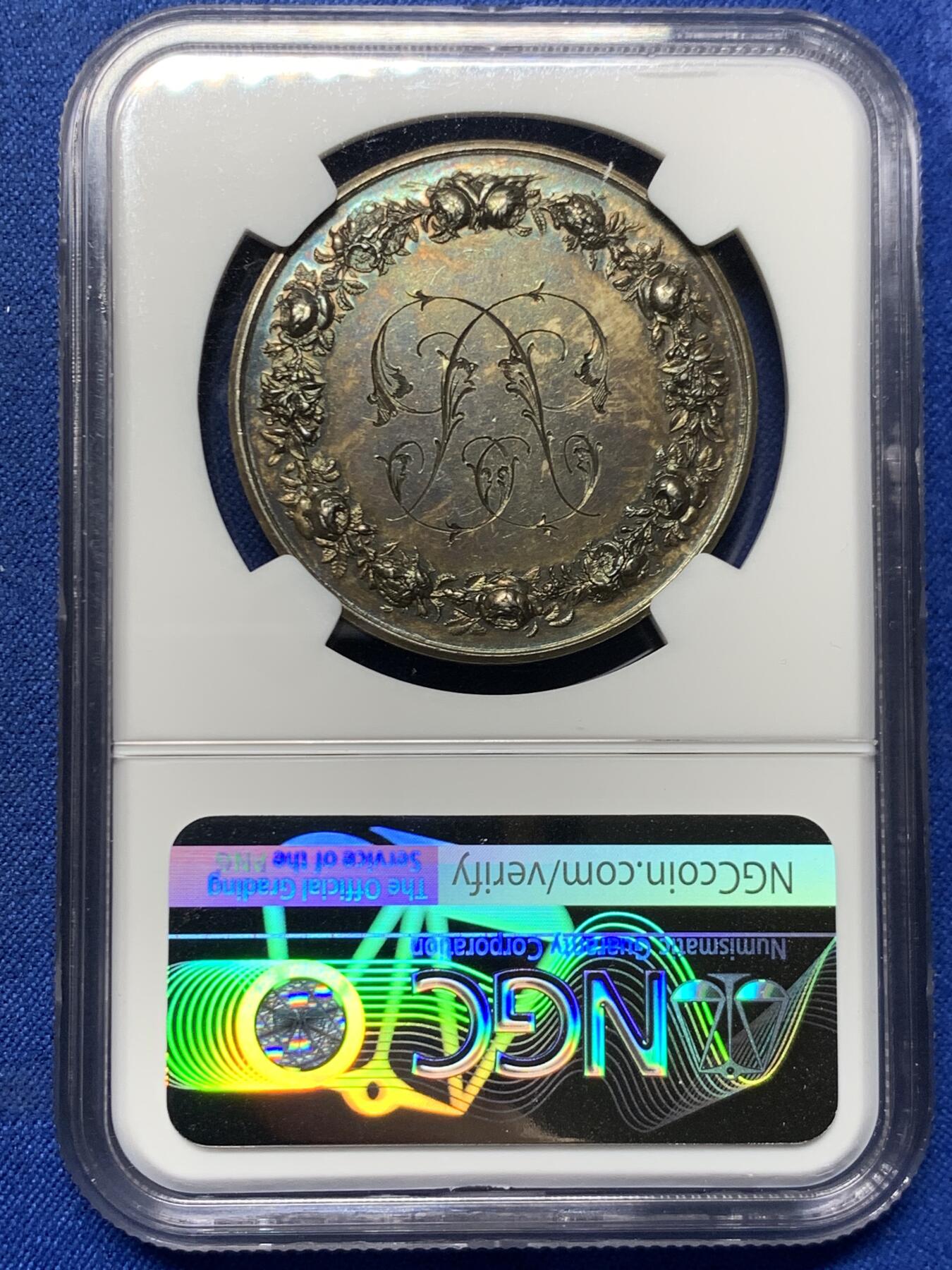 《竞宝斋》第455场 周日，周一 2场连拍 （全场包邮，欢迎送拍） NGC MS62 法国结婚银章 37mm 丰饶角银标