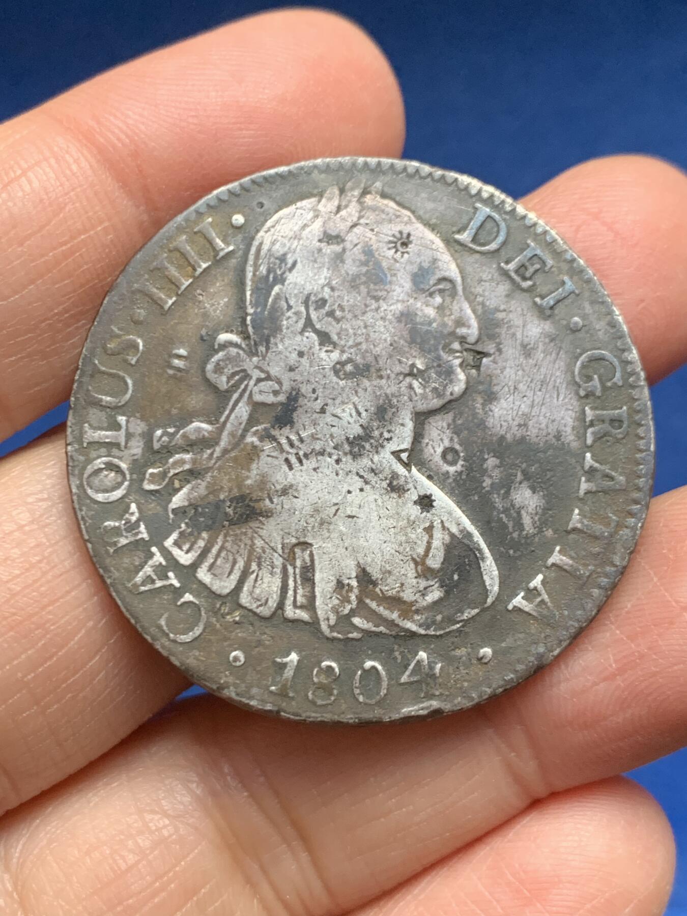 《竞宝斋》第455场 周日，周一 2场连拍 （全场包邮，欢迎送拍） 墨西哥1804年双柱卡洛斯四世银币 流通品 包浆重