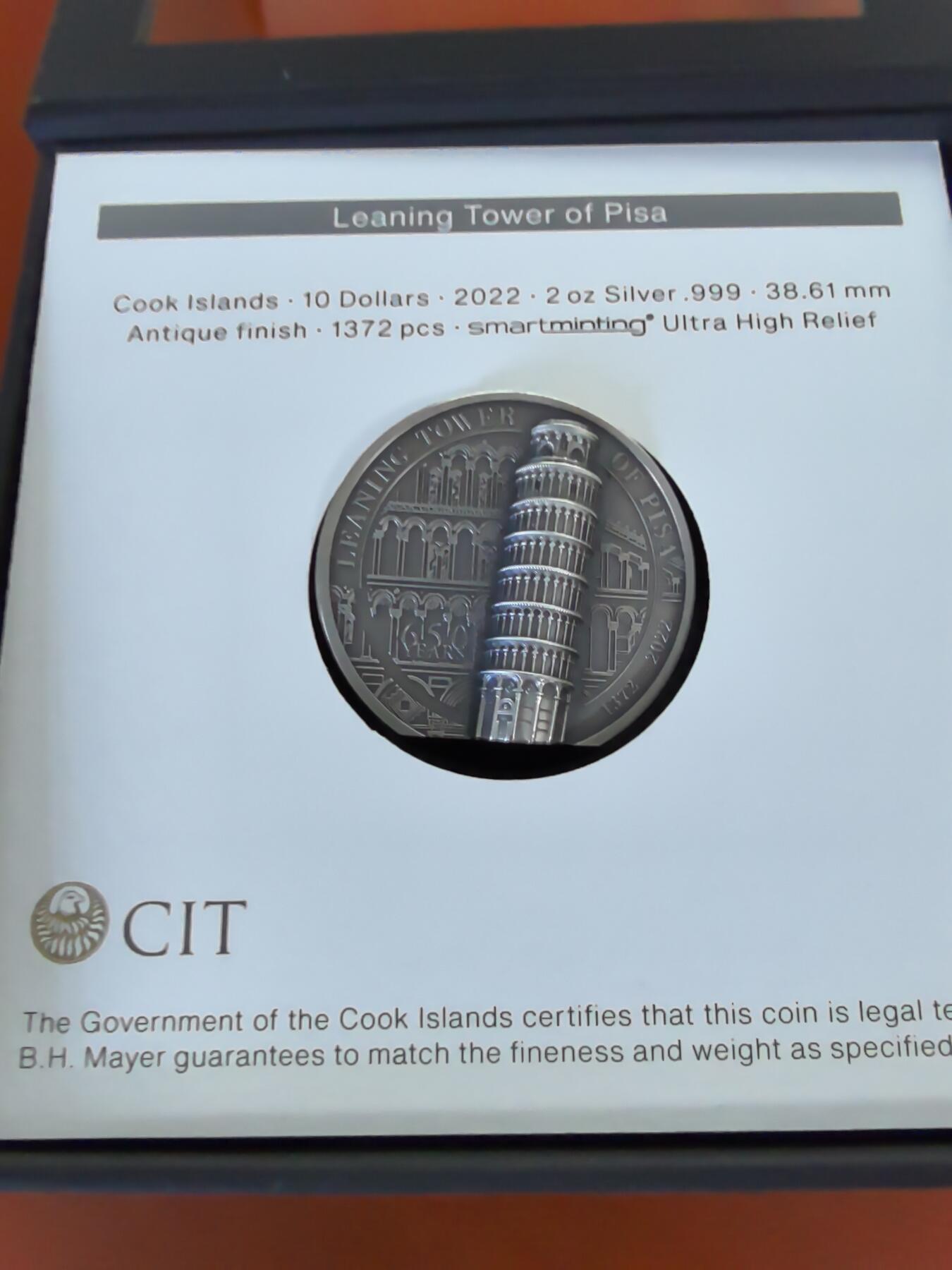 长老汇蛇年精选第九十二场拍卖 2022库克群岛比萨斜塔10元仿古超高浮雕银币，2盎司999银，盒证全，1372枚