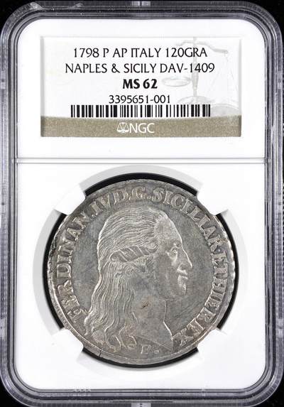 【雨安】【直播拍卖】【第0123期-评级币章】2026-01-10 周六 19:30 - [评级欧洲] Italy 意大利 Naples那不勒斯 120G 1798年  NGC-MS62 罕见MS品种