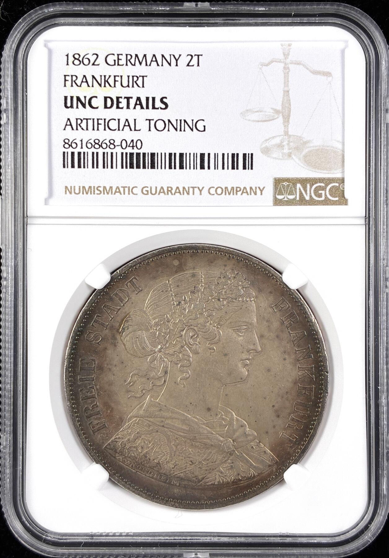 【雨安】【直播拍卖】【第0123期-评级币章】2026-01-10 周六 19:30 [评级德国] Germany 德国 德意志 2泰勒 Frankfurt法兰克福 Thun.145 KM#0365 (1860-1866) 法兰克福少女 1862年  NGC-UNC 底板, 细节, 包浆均一流 少年份