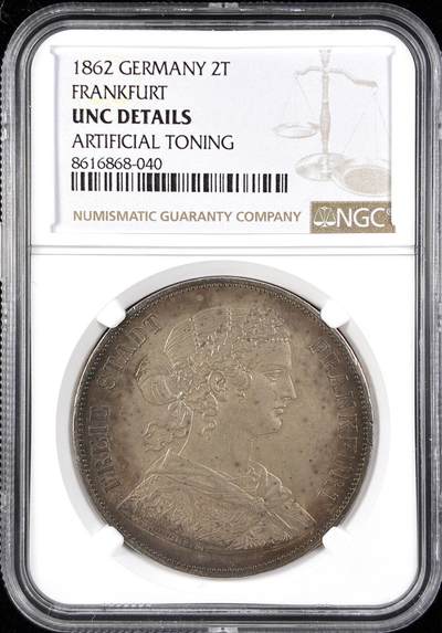 【雨安】【直播拍卖】【第0123期-评级币章】2026-01-10 周六 19:30 - [评级德国] Germany 德国 德意志 2泰勒 Frankfurt法兰克福 Thun.145 KM#0365 (1860-1866) 法兰克福少女 1862年  NGC-UNC 底板, 细节, 包浆均一流 少年份