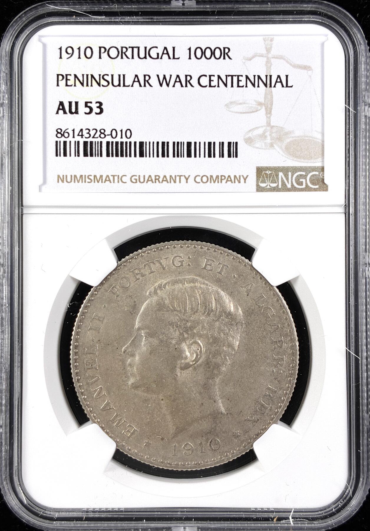 【雨安】【直播拍卖】【第0123期-评级币章】2026-01-10 周六 19:30 [评级欧洲] Portugal 葡萄牙 Kingdom 十进制 1000瑞斯 KM#0558 (1910) 半岛战争百年 1910年  NGC-AU53
