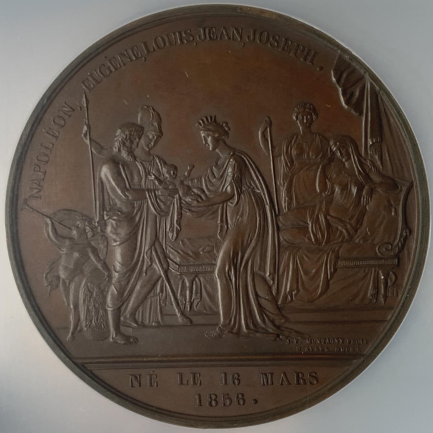 掌中浮雕-藏着的欧洲第048场 NGC MS63 : 1856年法兰西第二帝国王子诞生铜章，53mm，MONTAGNY雕刻