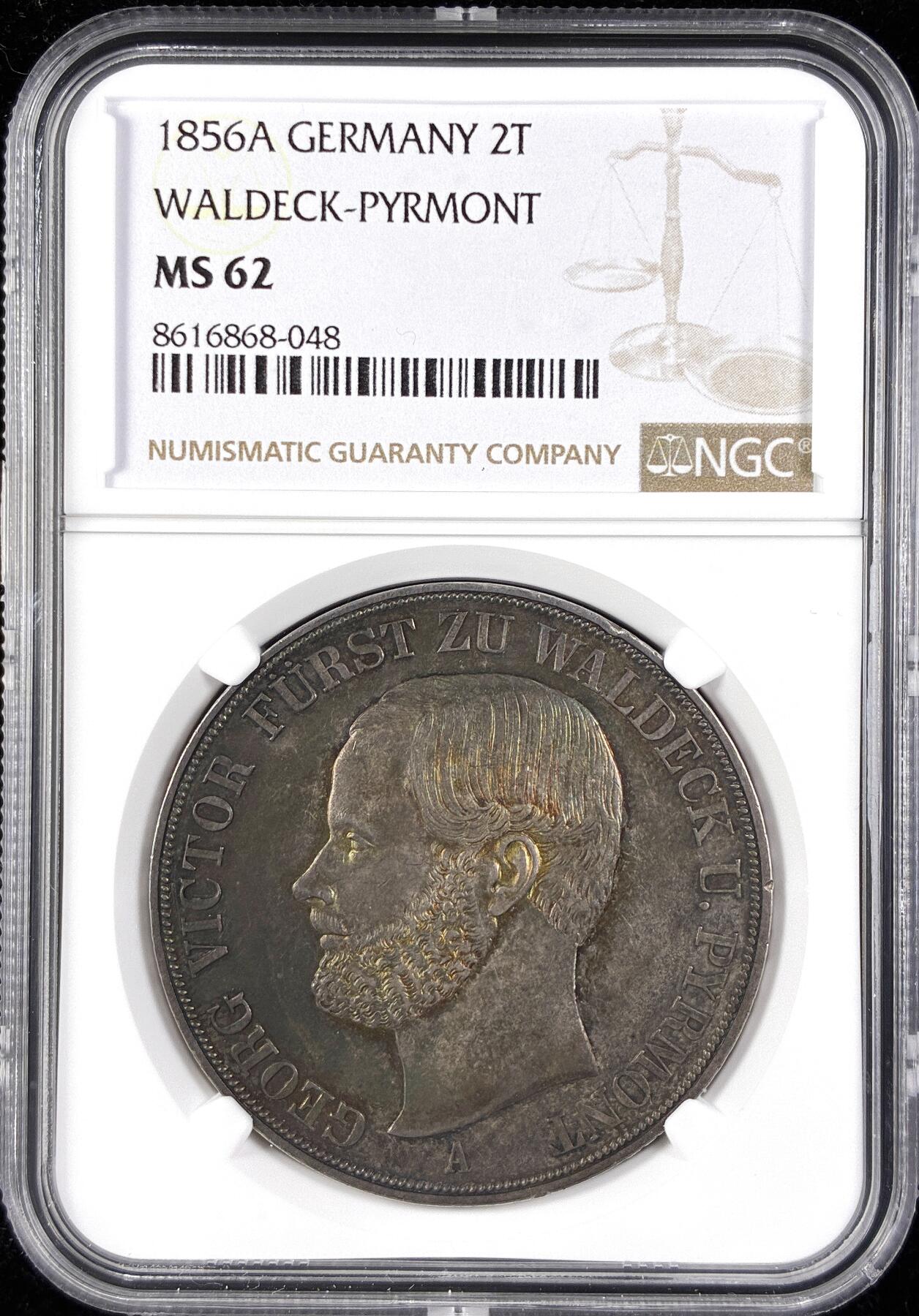 【雨安】【直播拍卖】【第0123期-评级币章】2026-01-10 周六 19:30 [评级德国] Germany 德国 德意志 2泰勒 Waldeck瓦尔德克 Thun.409 KM#0177 (1856) 格奥尔格·维克多 1856年  NGC-MS62 原味五彩包浆 罕见MS品种