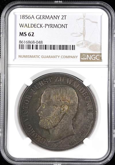 【雨安】【直播拍卖】【第0123期-评级币章】2026-01-10 周六 19:30 - [评级德国] Germany 德国 德意志 2泰勒 Waldeck瓦尔德克 Thun.409 KM#0177 (1856) 格奥尔格·维克多 1856年  NGC-MS62 原味五彩包浆 罕见MS品种