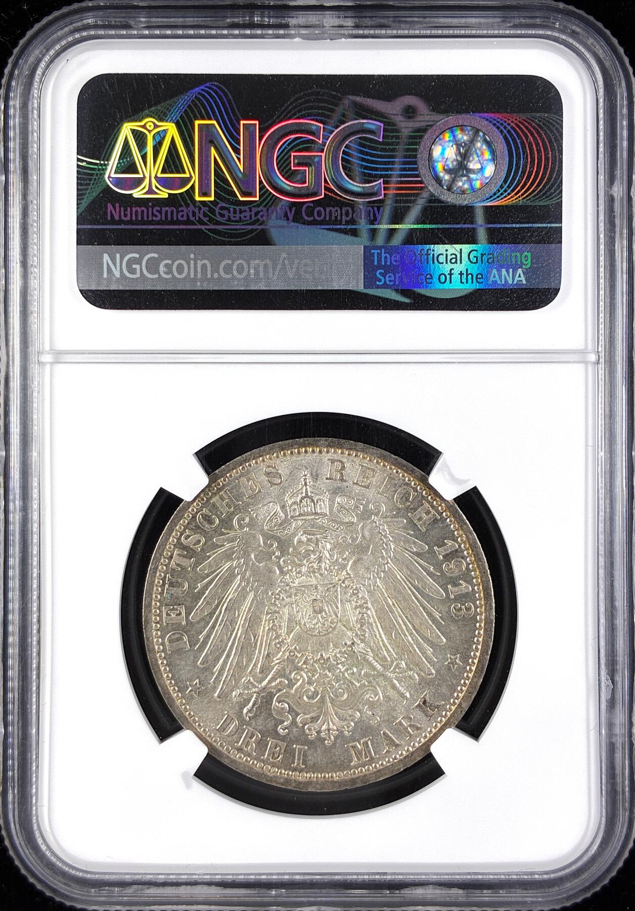 【雨安】【直播拍卖】【第0123期-评级币章】2026-01-10 周六 19:30 [评级德国] Germany 德国 帝国 J.112 普鲁士 3马克 (1913) 军装花枝 1913年  NGC-MS63