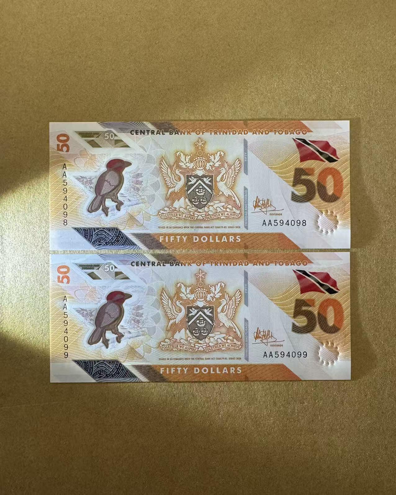 【Blue Auction】世界纸币精拍第772期——18级TOP拍卖/信誉/品质/专业/高效💫 【一组2张AA冠连号】特立尼达和多巴哥 50元 塑料钞 全新UNC
