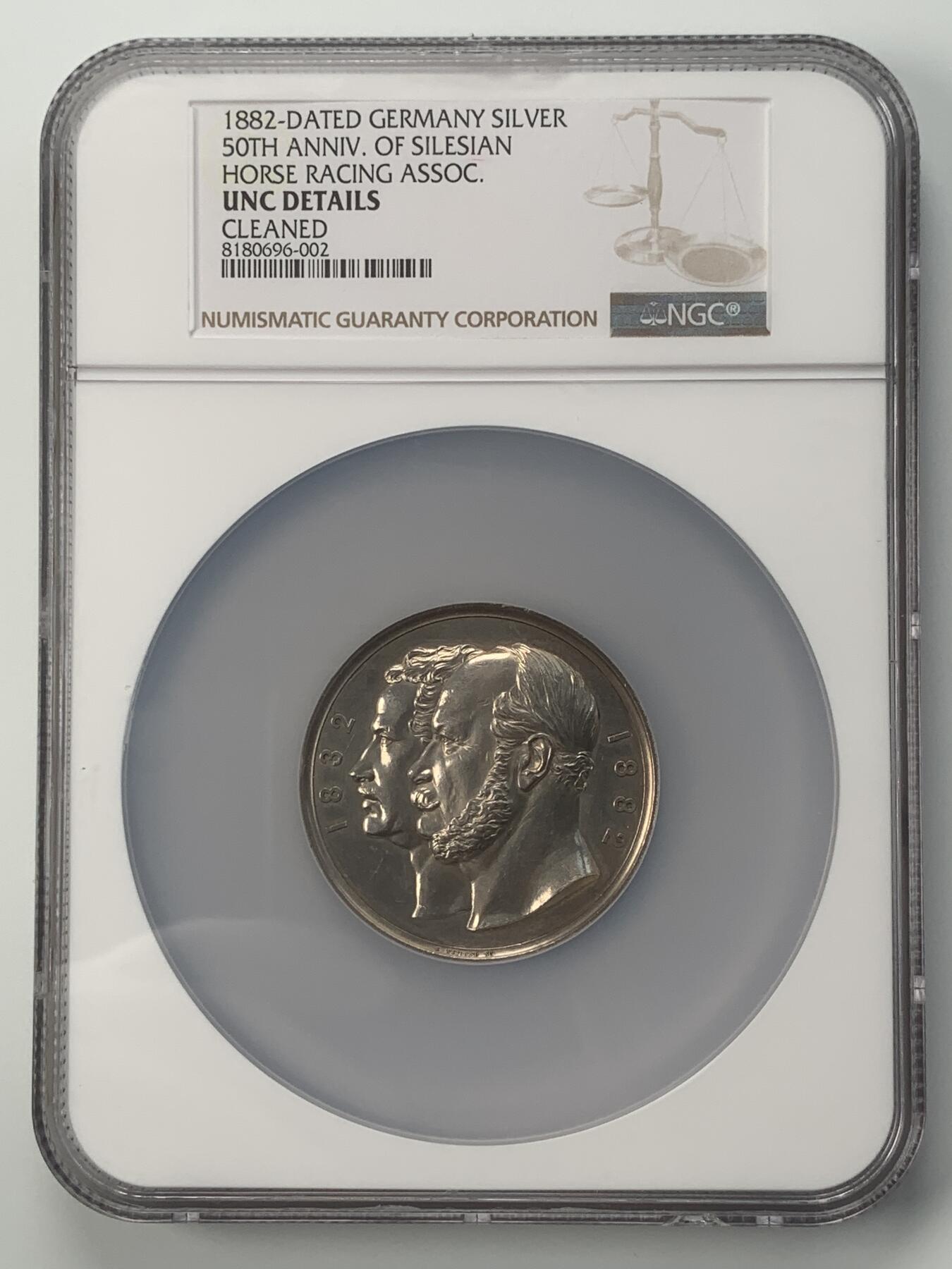 掌中浮雕-藏着的欧洲第048场 NGC UNC : 1882年西里西亚赛马俱乐部成立50周年银章，Emil Weigand 和 Friedrich Wilhelm Kullrich雕刻，50mm