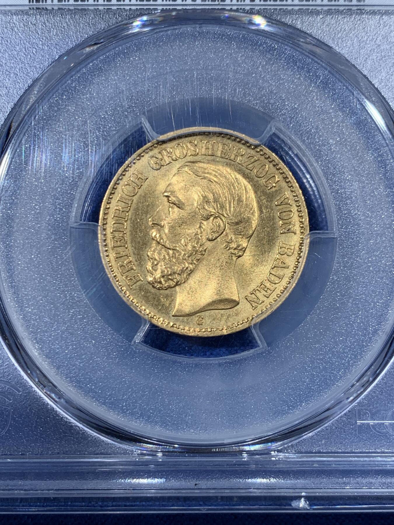 《竞宝斋》第455场 周日，周一 2场连拍 （全场包邮，欢迎送拍） PCGS MS65 德国巴登大公国 1873年20帝国金马克金币 热门的德二短翅鹰 高分极好 1872昆克裸币成交价2.2万