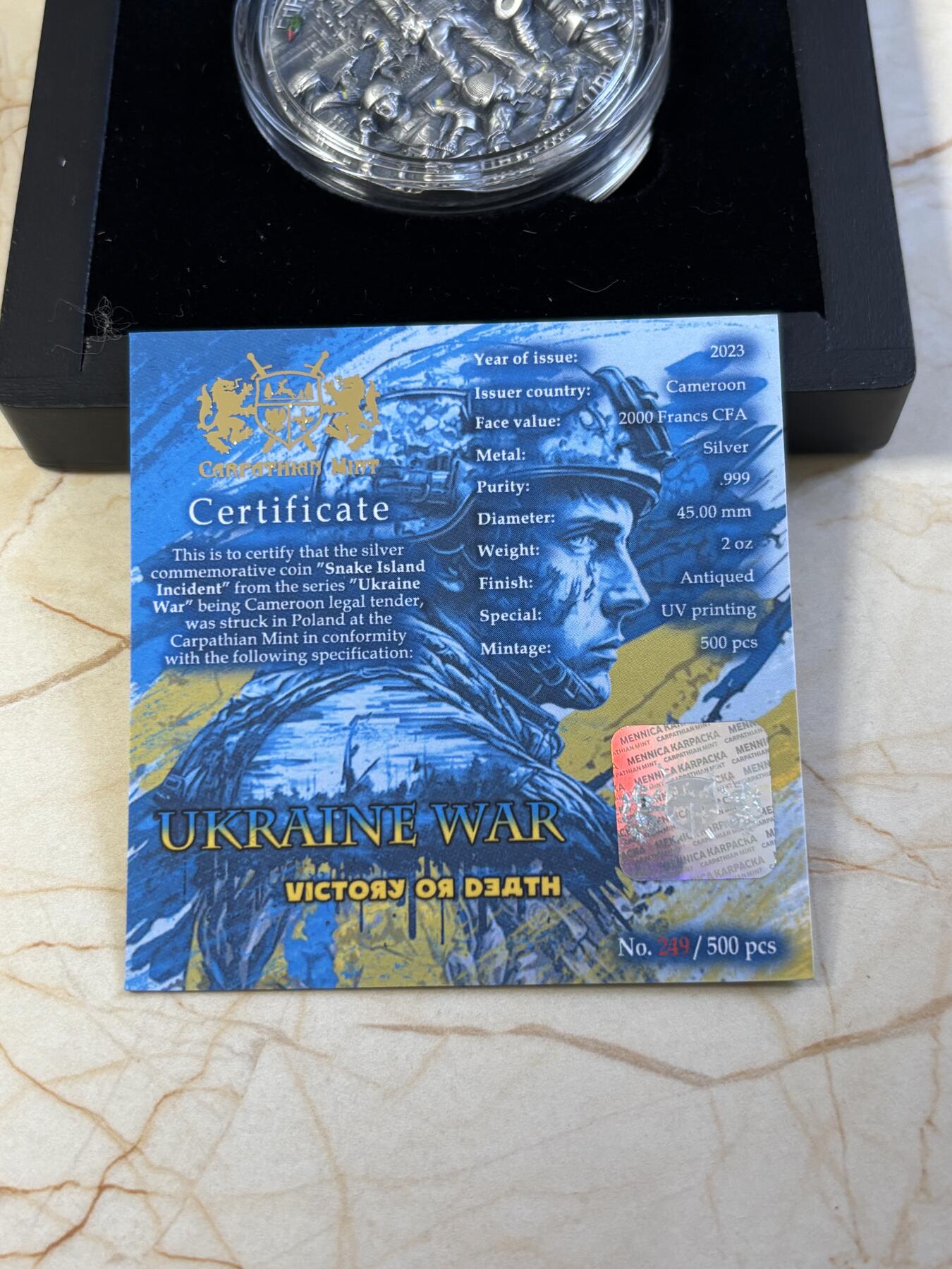 第187期拍卖 喀麦隆2023年乌克兰(1)蛇岛 战争超高浮雕仿古彩色2盎司银币，999银，发行500枚