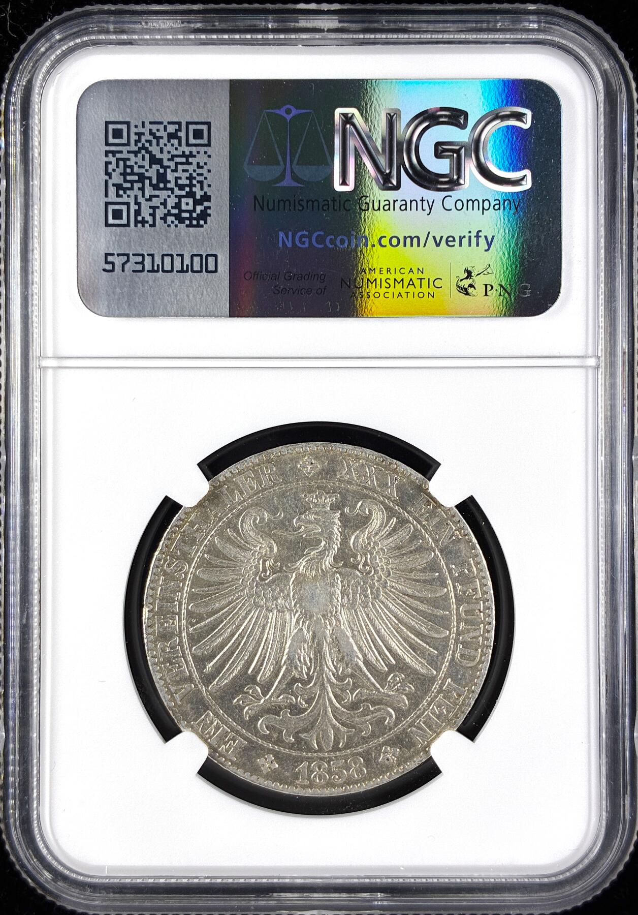 【雨安】【直播拍卖】【第0123期-评级币章】2026-01-10 周六 19:30 [评级德国] Germany 德国 德意志 1泰勒 Frankfurt法兰克福 Thun.141 KM#0354 (1857-1858) 法兰克福少女.教堂 1858年  NGC-XF