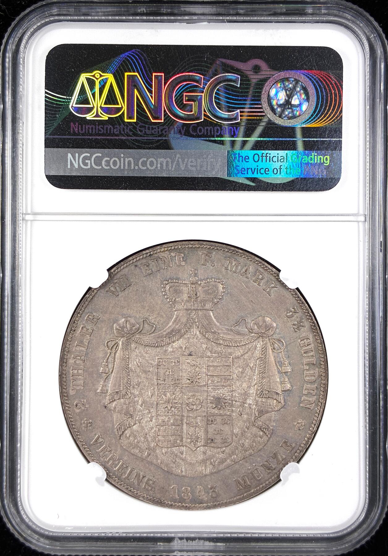 【雨安】【直播拍卖】【第0123期-评级币章】2026-01-10 周六 19:30 [评级德国] Germany 德国 德意志 2泰勒 Lippe-Detmold利珀 Thun.212 KM#0250 (1843) 1843年  NGC-AU55 原味淡美包浆