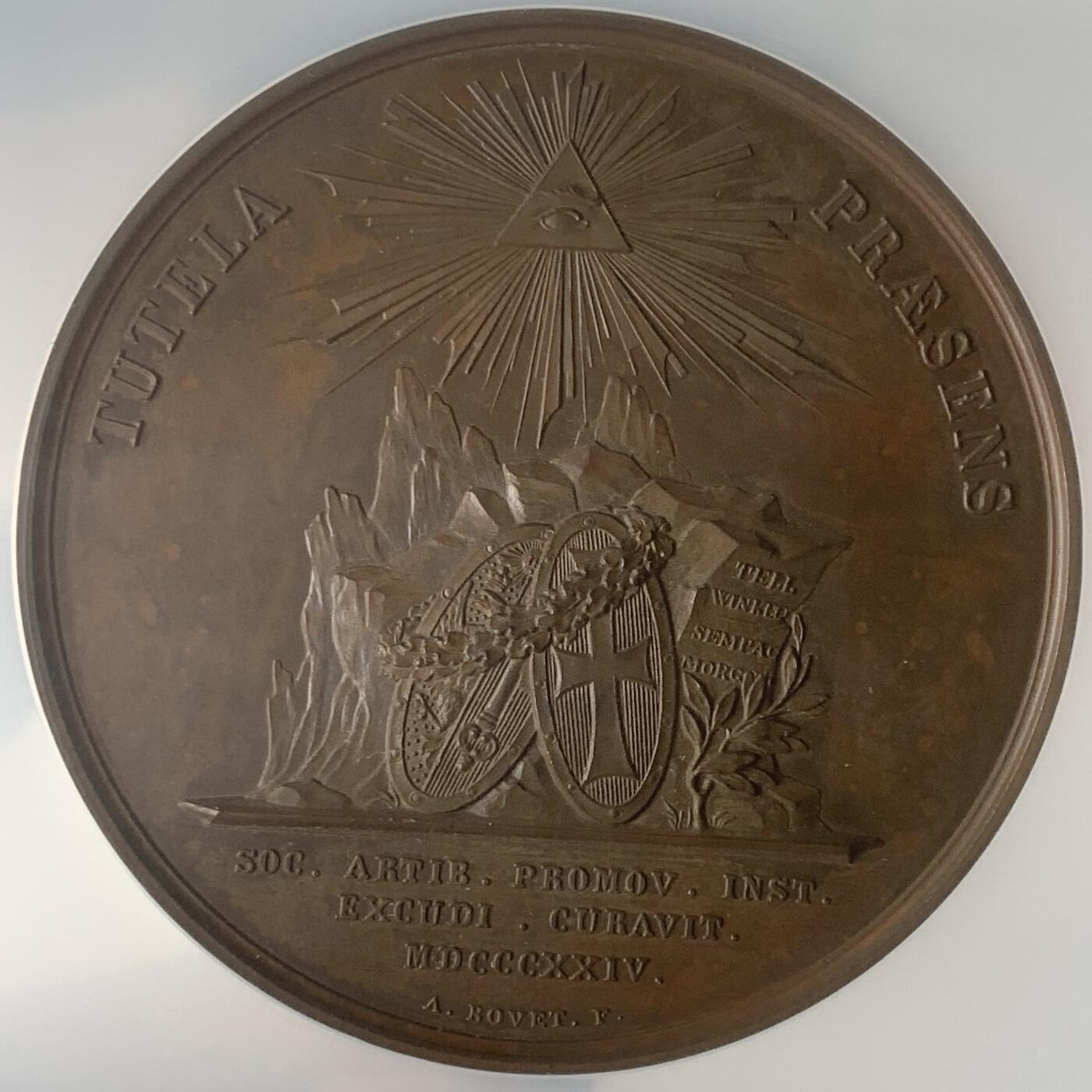 掌中浮雕-藏着的欧洲第048场 NGC MS63 : 1824年日内瓦加入瑞士邦联10周年纪念铜章，57mm