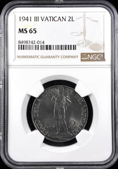【雨安】【直播拍卖】【第0123期-评级币章】2026-01-10 周六 19:30 - [评级欧洲] Vatican 梵蒂冈 2里拉 1941年  NGC-MS65