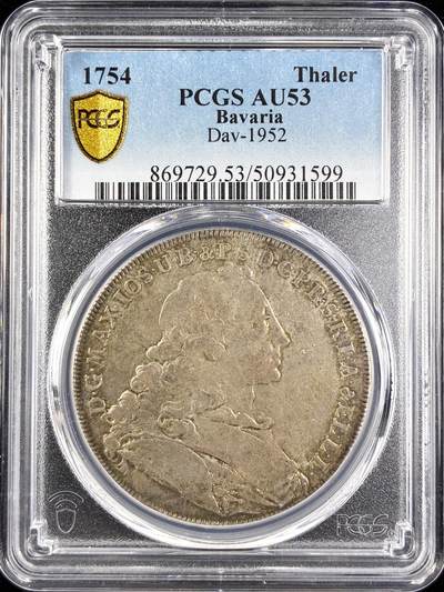 【雨安】【直播拍卖】【第0123期-评级币章】2026-01-10 周六 19:30 - [评级德国] Germany 德国 德意志 巴伐利亚 1泰勒 1754年 圣母抱婴  PCGS-AU53