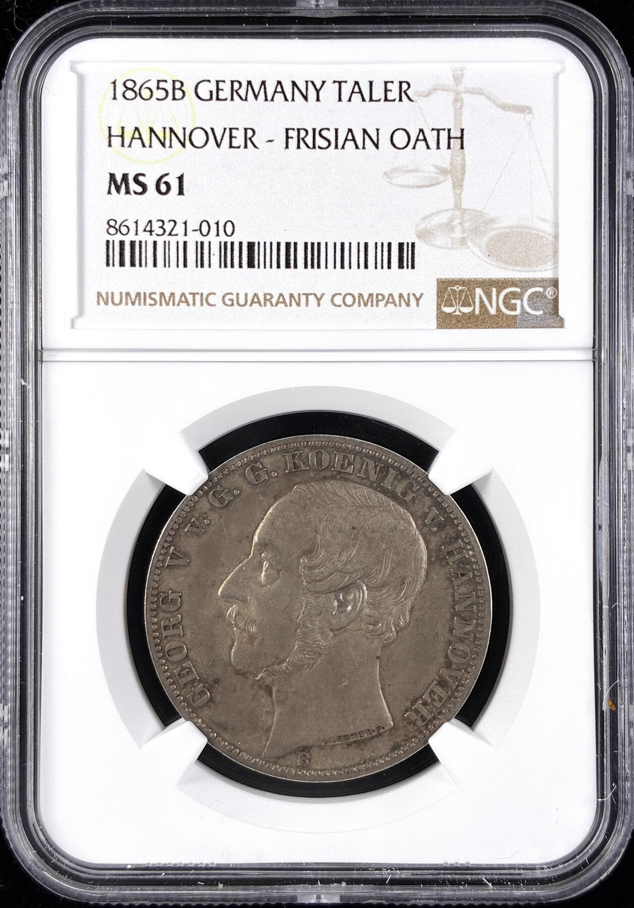 【雨安】【直播拍卖】【第0123期-评级币章】2026-01-10 周六 19:30 [评级德国] Germany 德国 德意志 1泰勒 Hannover汉诺威 Thun.178 KM#0243 格奥尔格五世.橡树 1865年  NGC-MS61 大名誉品种