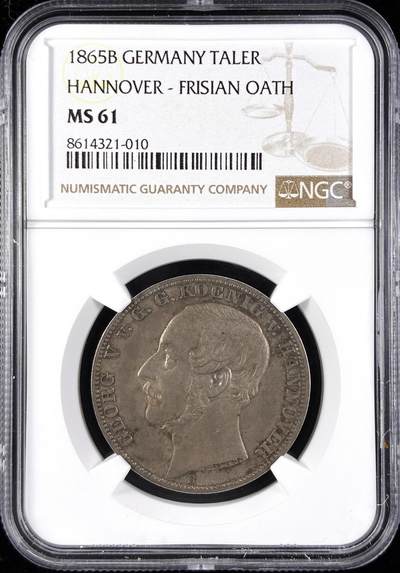 【雨安】【直播拍卖】【第0123期-评级币章】2026-01-10 周六 19:30 - [评级德国] Germany 德国 德意志 1泰勒 Hannover汉诺威 Thun.178 KM#0243 格奥尔格五世.橡树 1865年  NGC-MS61 大名誉品种