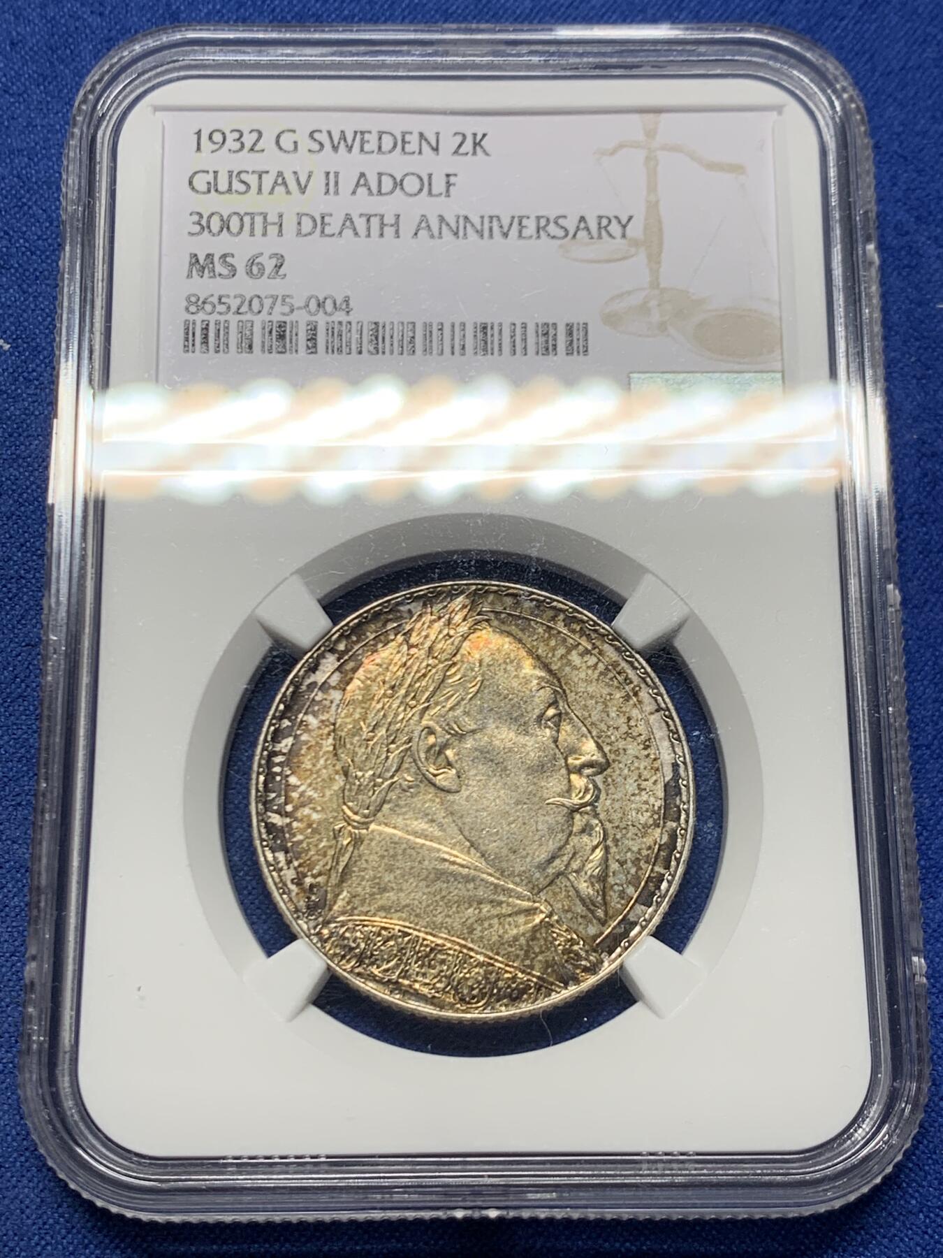 《竞宝斋》第455场 周日，周一 2场连拍 （全场包邮，欢迎送拍） NGC MS62 瑞典1932年古斯塔夫二世国王逝世300周年2克朗纪念银币 极重彩 厚包浆导致压分 15g 800银