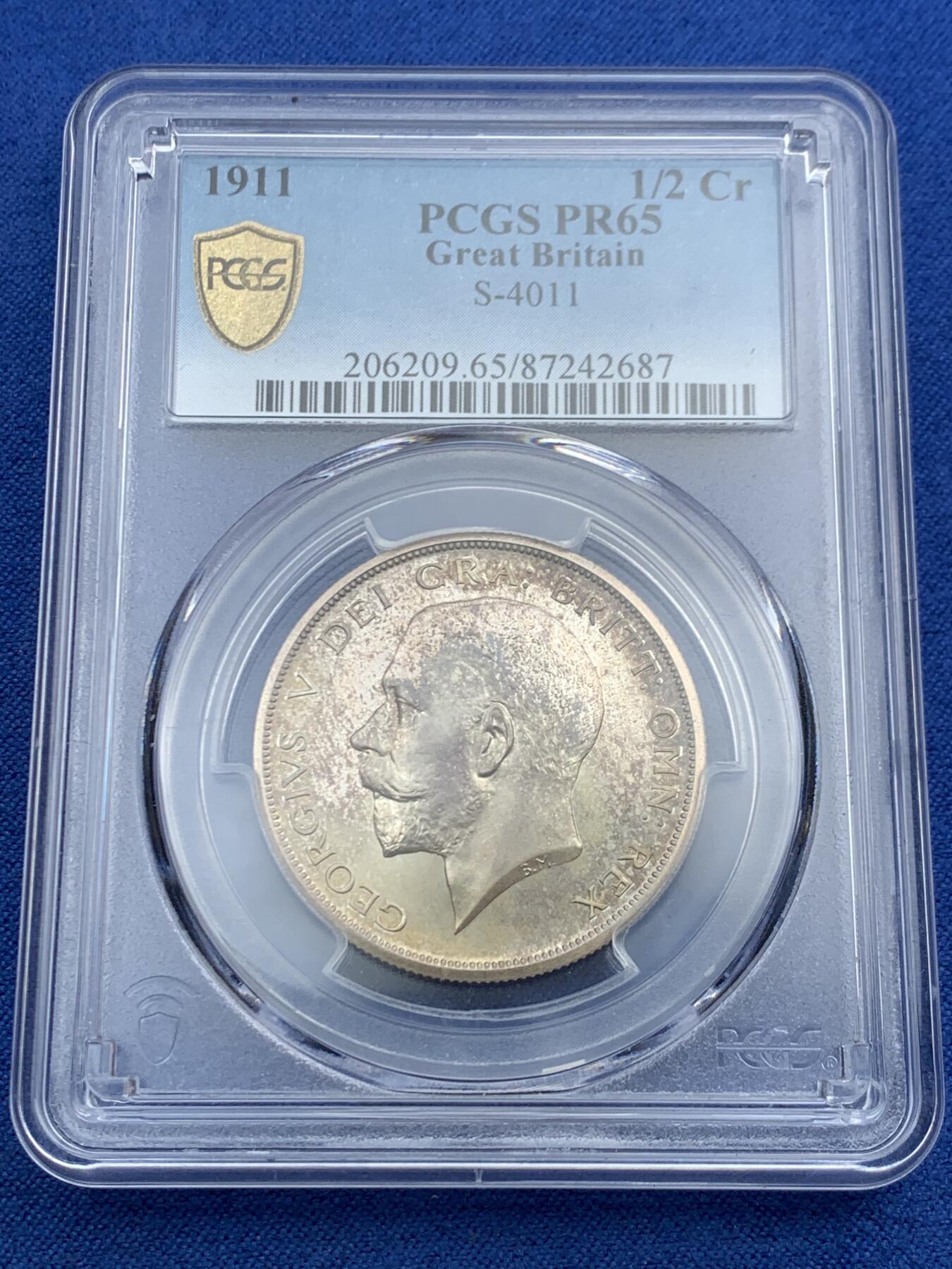 《竞宝斋》第455场 周日，周一 2场连拍 （全场包邮，欢迎送拍） PCGS PR65 英国 1911年 乔治五世 精制半克朗银币 登基首年