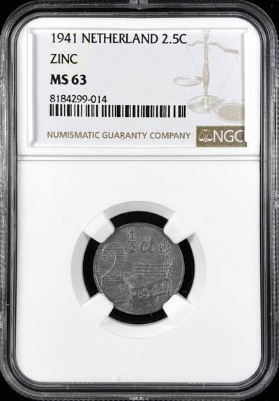 【雨安】【直播拍卖】【第0123期-评级币章】2026-01-10 周六 19:30 - [评级欧洲] 荷兰 王国 2.5分 1941年 锌币  NGC-MS63 锌币保存极难, MS品相异常难得