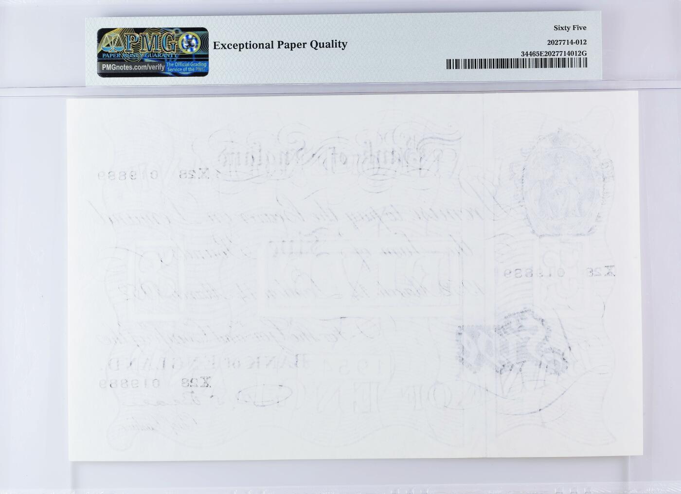 【Blue Auction】世界纸币精拍第772期——18级TOP拍卖/信誉/品质/专业/高效💫 【倒置号 与上一张连号】英国 1949-55年5镑 白色英镑 超大票幅 满版水印 PMG65EPQ