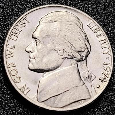 泉币菌-第166场- 新年第九场 精品福利场 - 原光美品 21mm 美国总统白宫5分 杰弗逊铜镍币 1974年