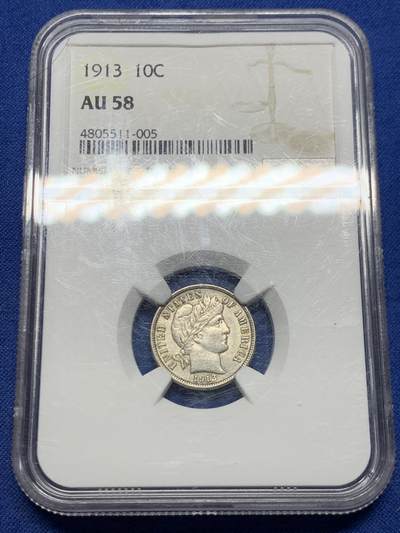 《竞宝斋》第455场 周日，周一 2场连拍 （全场包邮，欢迎送拍） - NGC AU58 美国 1913年 1角 巴伯 银币 近未流通状态