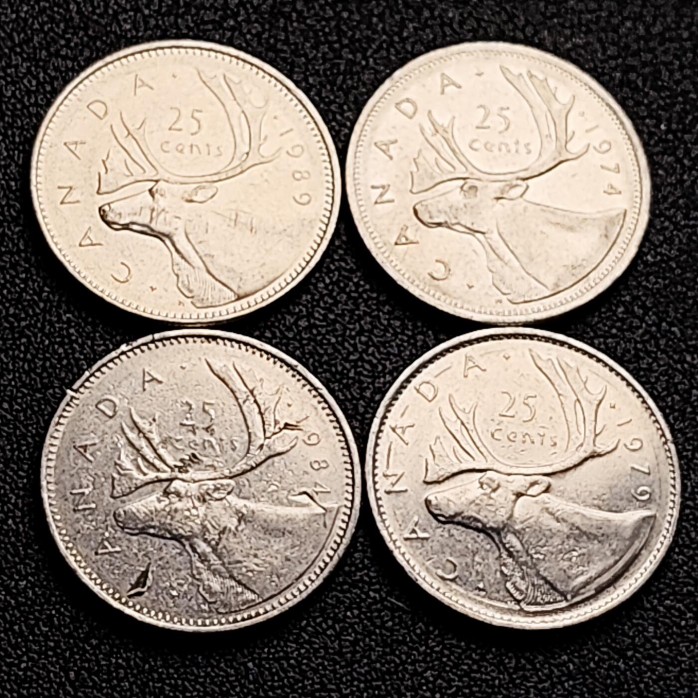 泉币菌-第164场-新年第七场 精品福利场 高币值 一加元 一组4枚 加拿大驯鹿1/4元 英国伊丽莎白二世女王像 23.9mm