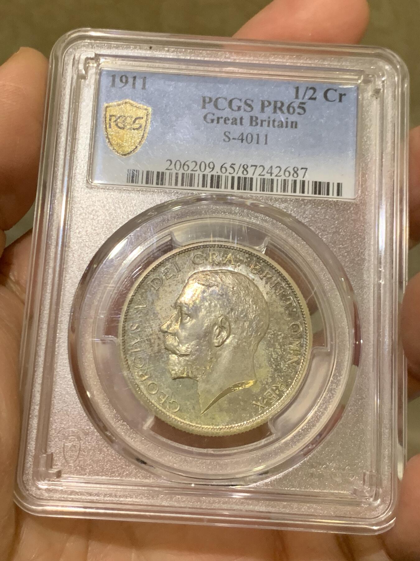 《竞宝斋》第455场 周日，周一 2场连拍 （全场包邮，欢迎送拍） PCGS PR65 英国 1911年 乔治五世 精制半克朗银币 登基首年