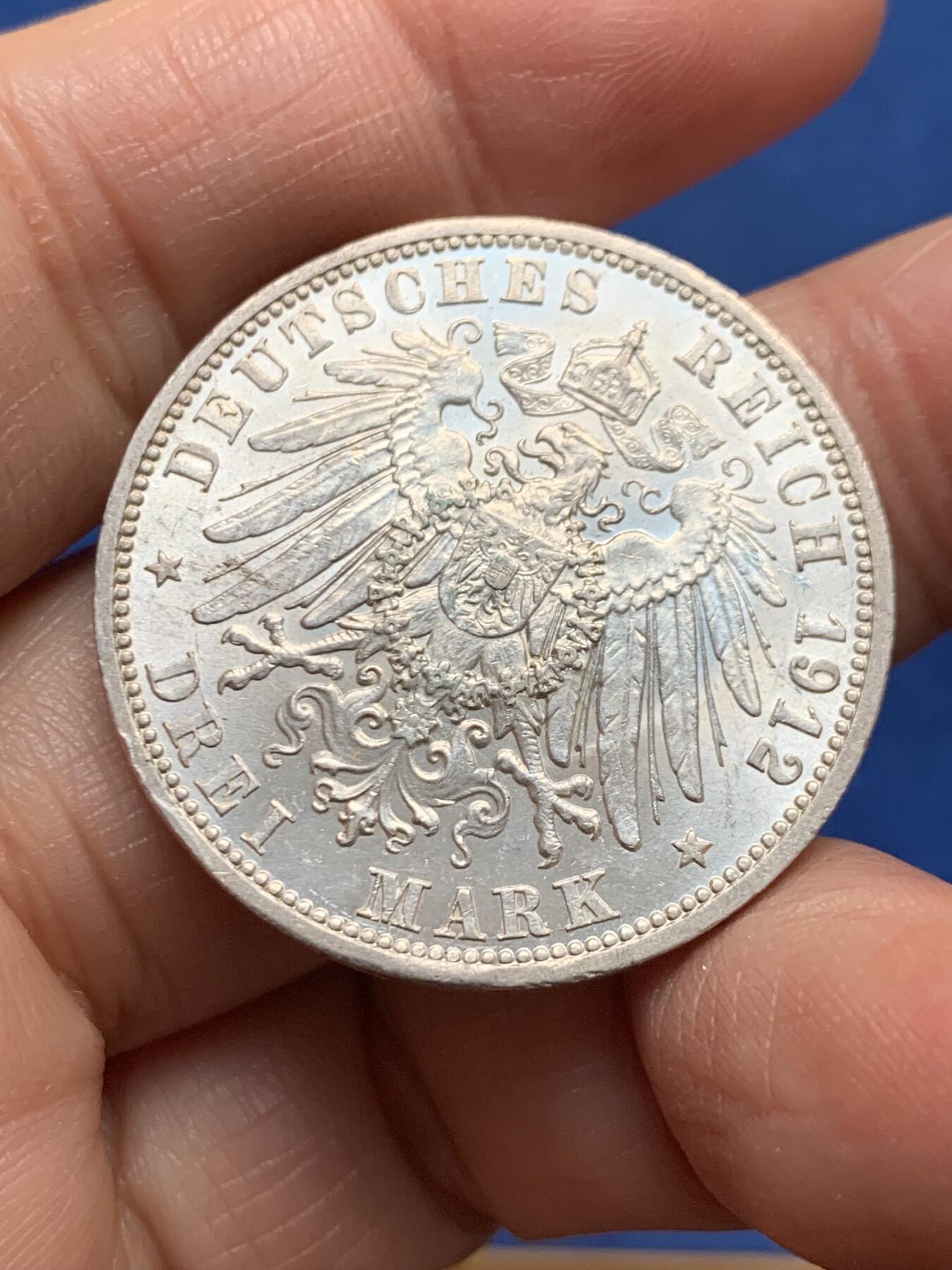 《竞宝斋》第455场 周日，周一 2场连拍 （全场包邮，欢迎送拍） 德国1912年威廉二世3马克银币 转光好品