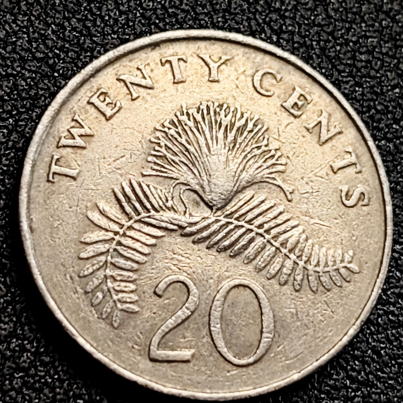 泉币菌-第164场-新年第七场 精品福利场 1987 高币值 新加坡20分 绒球花 高盾徽版 直径21.36mm