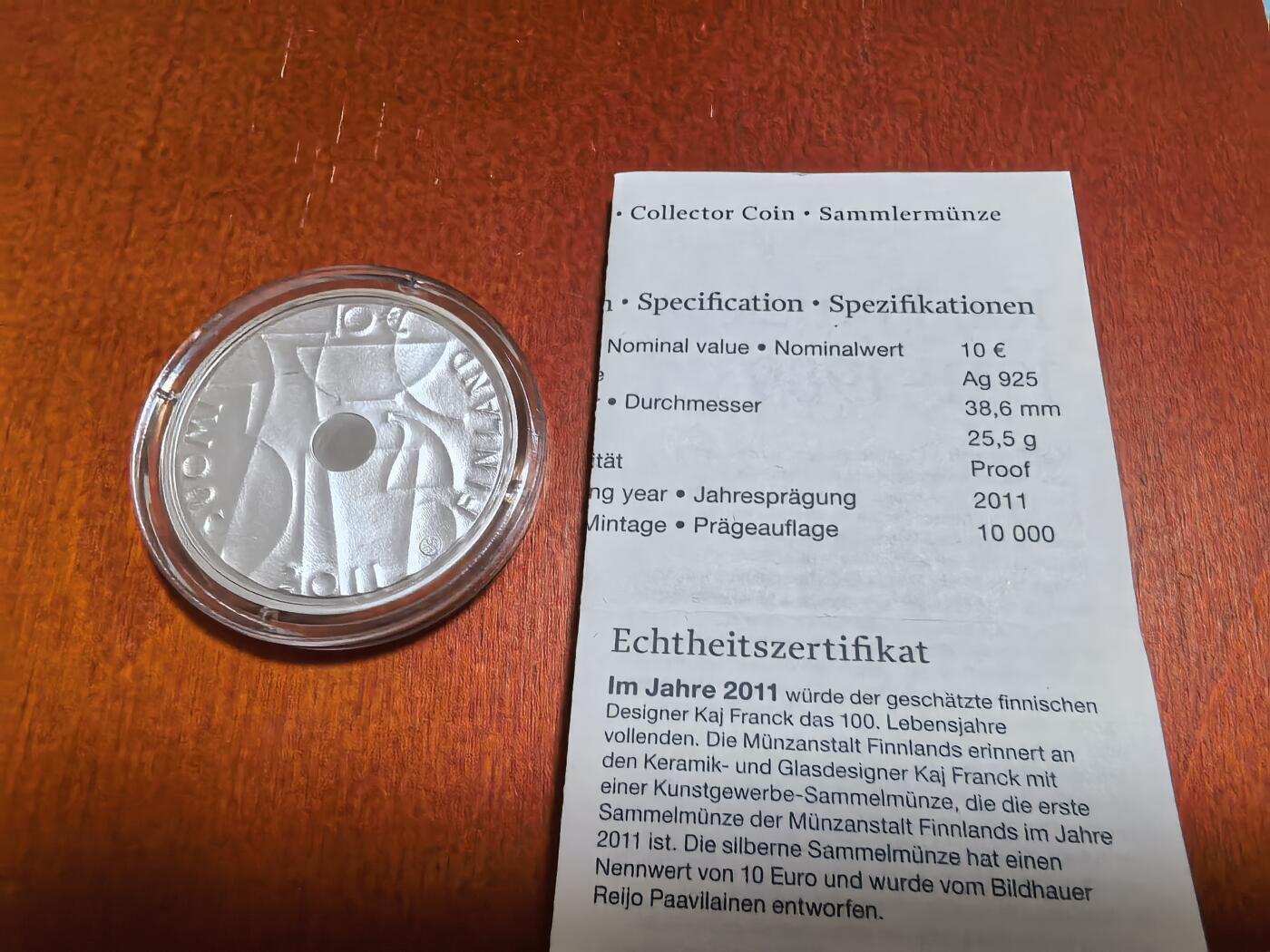 长老汇蛇年精选第九十二场拍卖 2011芬兰弗兰克工业艺术10欧元精制银币，25.5克925银，1万枚，盒证全