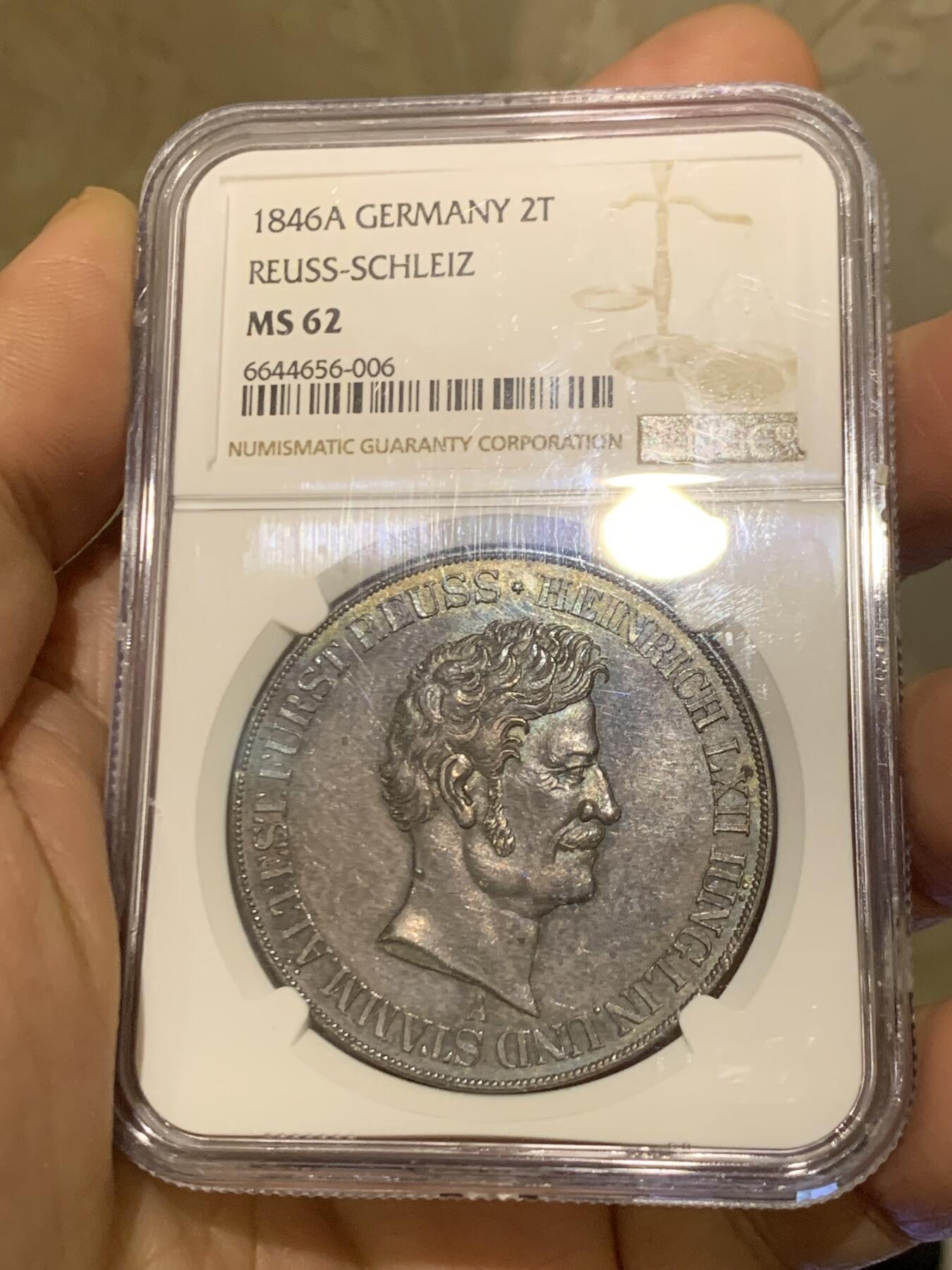 《竞宝斋》第455场 周日，周一 2场连拍 （全场包邮，欢迎送拍） NGC MS62 德国 1846年 罗伊斯公国 2泰勒大银币 仅2650枚的发行量 深彩包浆 PL质感 更高分只有2枚