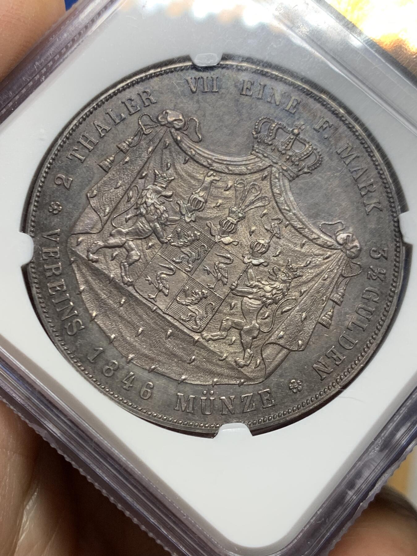 《竞宝斋》第455场 周日，周一 2场连拍 （全场包邮，欢迎送拍） NGC MS62 德国 1846年 罗伊斯公国 2泰勒大银币 仅2650枚的发行量 深彩包浆 PL质感 更高分只有2枚