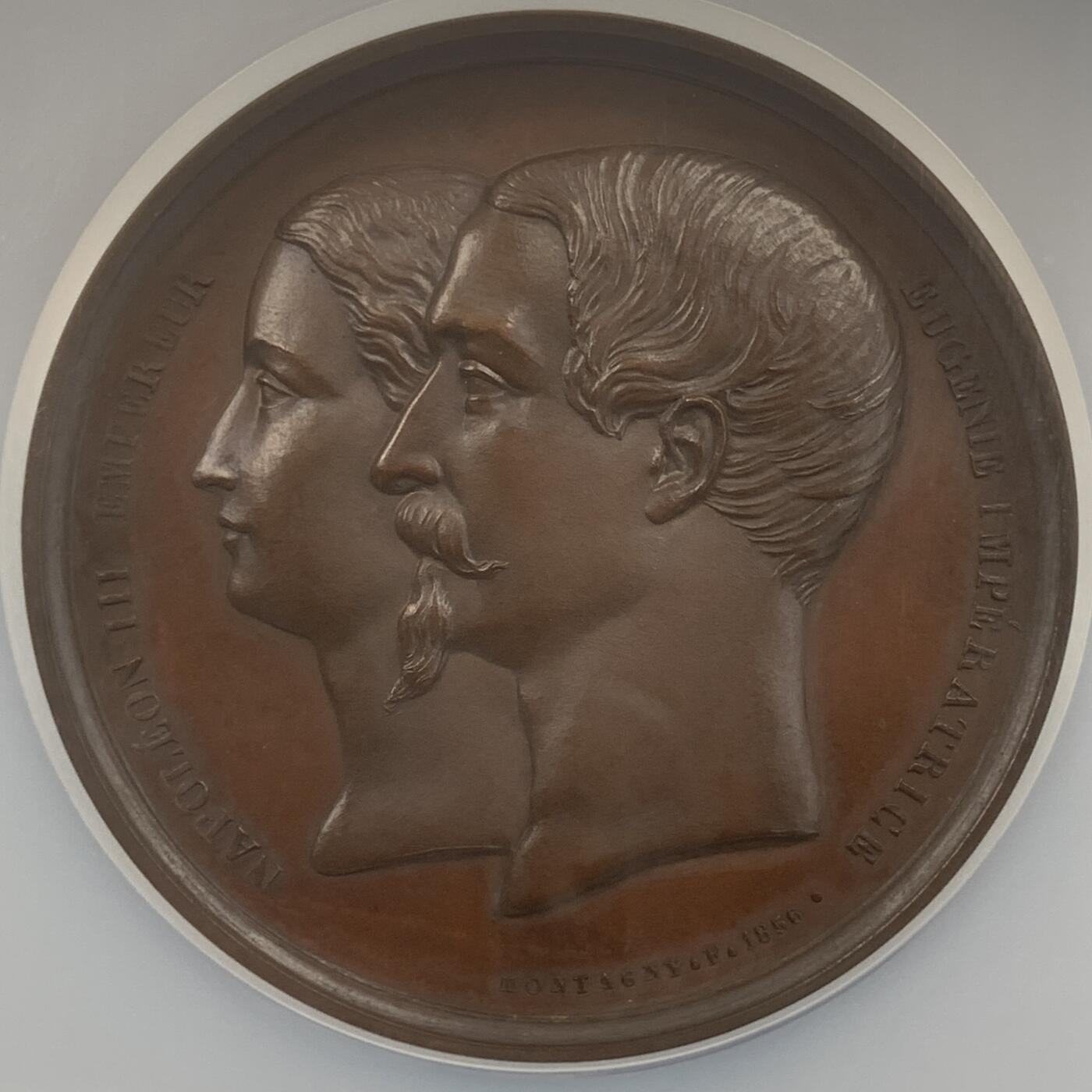 掌中浮雕-藏着的欧洲第048场 NGC MS63 : 1856年法兰西第二帝国王子诞生铜章，53mm，MONTAGNY雕刻