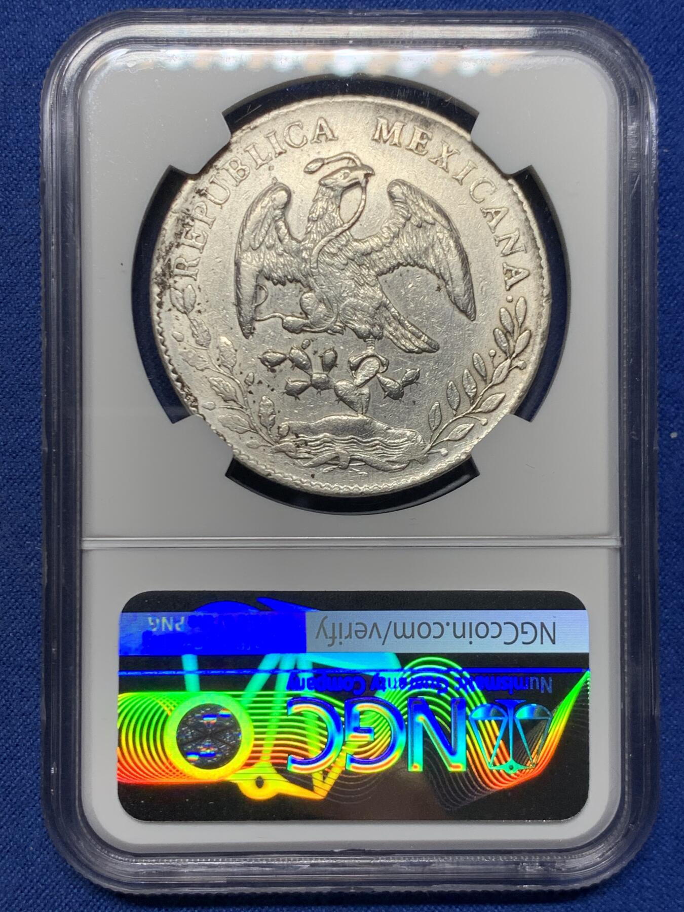 《竞宝斋》第455场 周日，周一 2场连拍 （全场包邮，欢迎送拍） NGC AUD 墨西哥1890年花边鹰洋8R银币 AU细节，羽毛不错