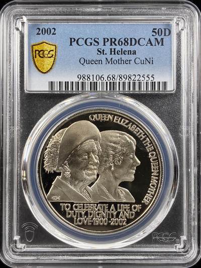 【雨安】【直播拍卖】【第0123期-评级币章】2026-01-10 周六 19:30 - [评级现代] St. Helena 圣赫勒拿岛 50便士 2002年 王太后 PCGS-PR68DCAM 精制币