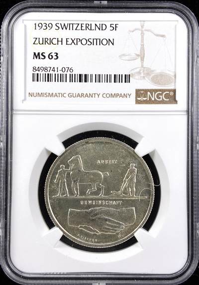 【雨安】【直播拍卖】【第0123期-评级币章】2026-01-10 周六 19:30 - [评级欧洲] Switzerland 瑞士 5法郎 1939年 苏黎世博览会 KM# 43  NGC-MS63