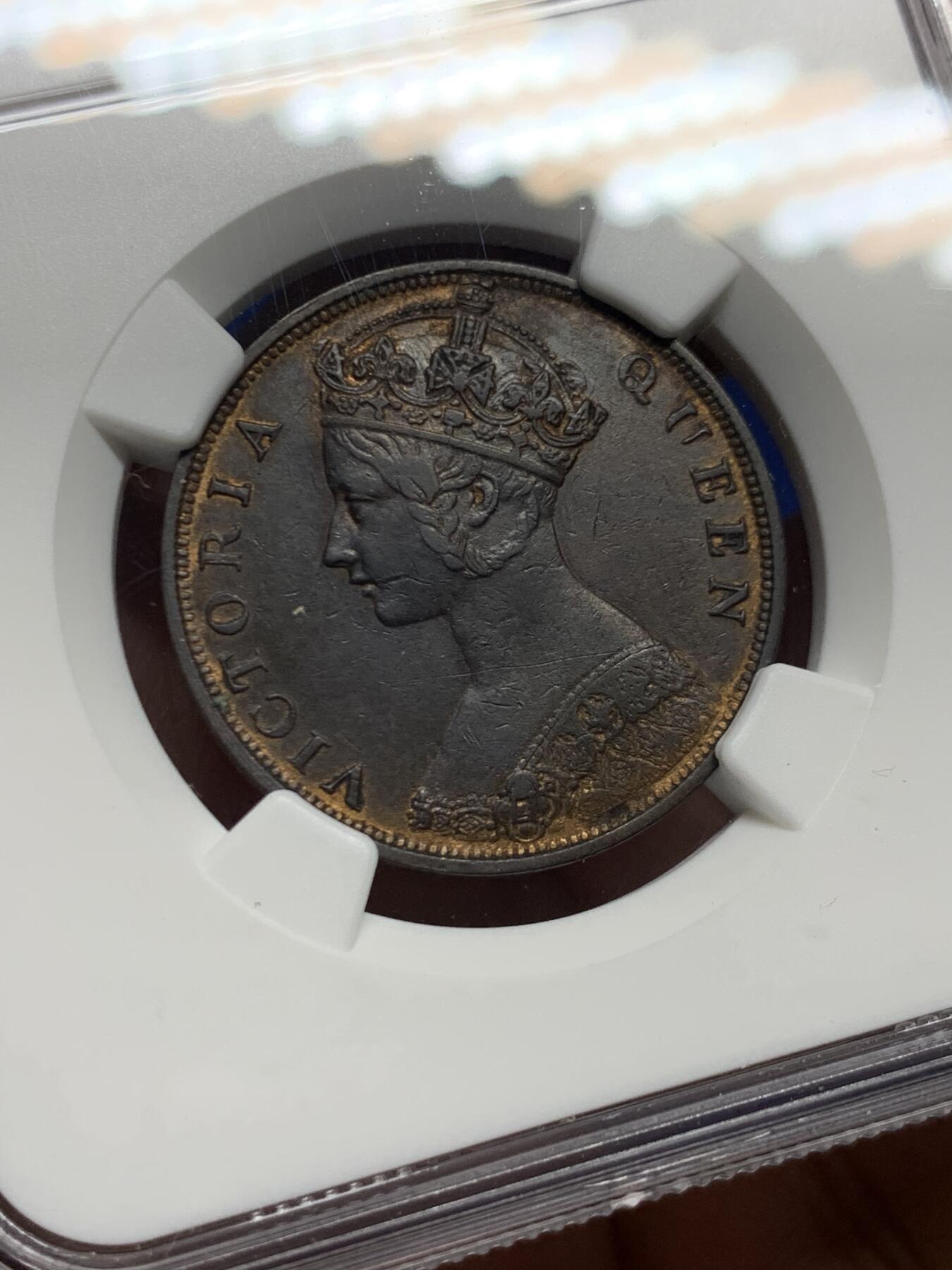 《竞宝斋》第455场 周日，周一 2场连拍 （全场包邮，欢迎送拍） NGC XF45BN 香港 1876年 维多利亚 一仙 铜币 人像清晰，带少许铜光 有分的不多见