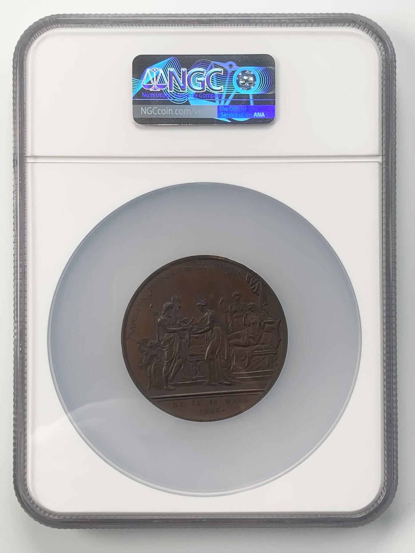 掌中浮雕-藏着的欧洲第048场 NGC MS63 : 1856年法兰西第二帝国王子诞生铜章，53mm，MONTAGNY雕刻