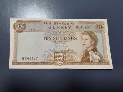 1月5号晚上8点 外国纸币自动截拍第80场 - 泽西岛女王头像10先令 UNC-微压痕
