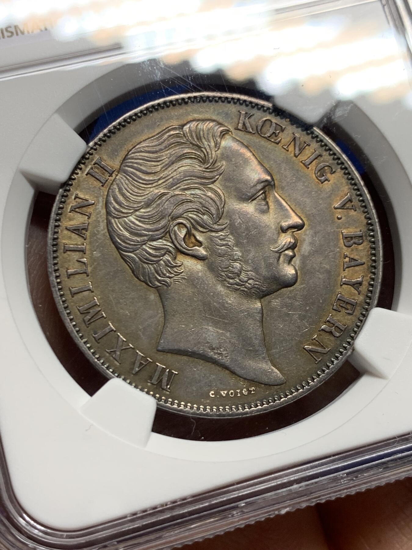 《竞宝斋》第455场 周日，周一 2场连拍 （全场包邮，欢迎送拍） NGC AU 德国1855年巴伐利亚马克西米安二世圣母2古尔登银币 品相不错