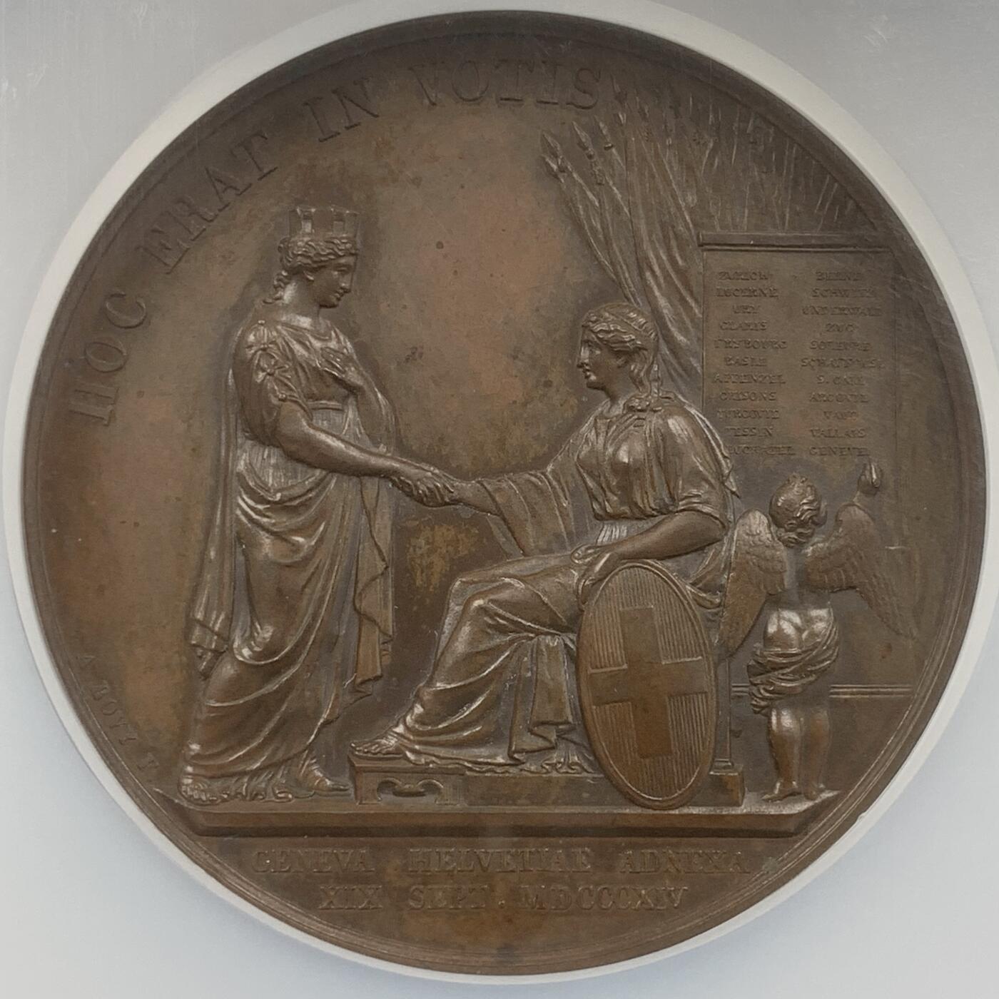 掌中浮雕-藏着的欧洲第048场 NGC MS63 : 1824年日内瓦加入瑞士邦联10周年纪念铜章，57mm